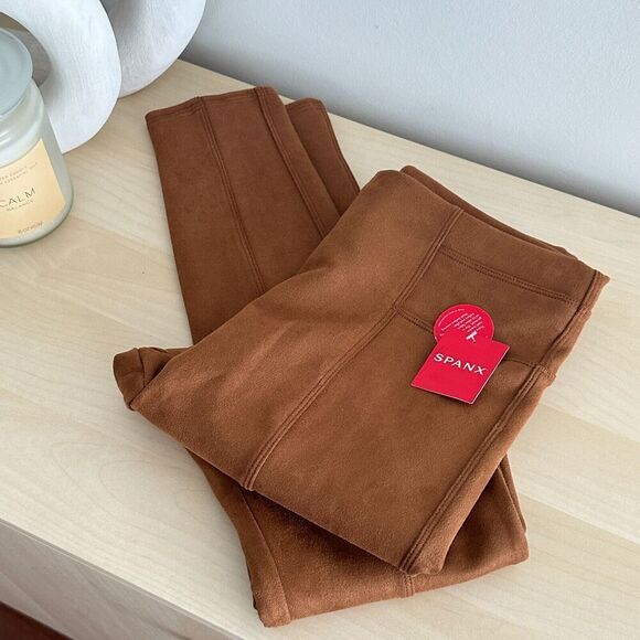 SPANX Faux Suede Leggings Womens Medium High Waist Slimming Pull On Rich Caramel - Picture 12 of 12